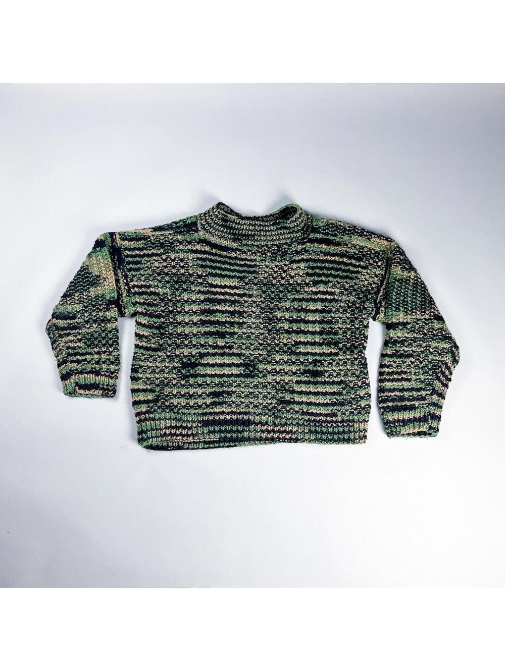 Camo Knit Sweater | Vintage Green, Beige, Black Space Stripes Jumper